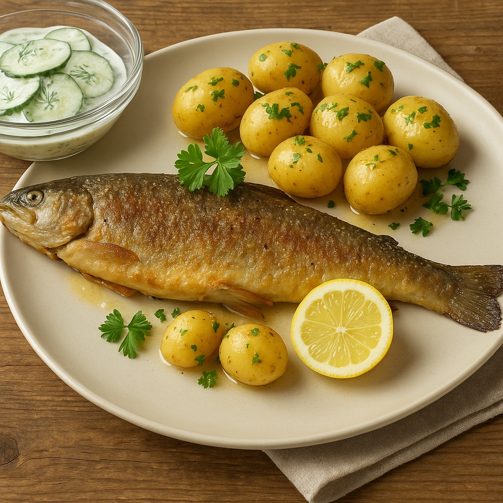 Knusprig gebratene Forelle mit goldbrauner Haut auf einem Teller, dazu Petersilienkartoffeln und ein Glas Gurkensalat mit Dill-Dressing – angerichtet mit Zitronenscheibe und Petersilie auf einem rustikalen Holztisch.