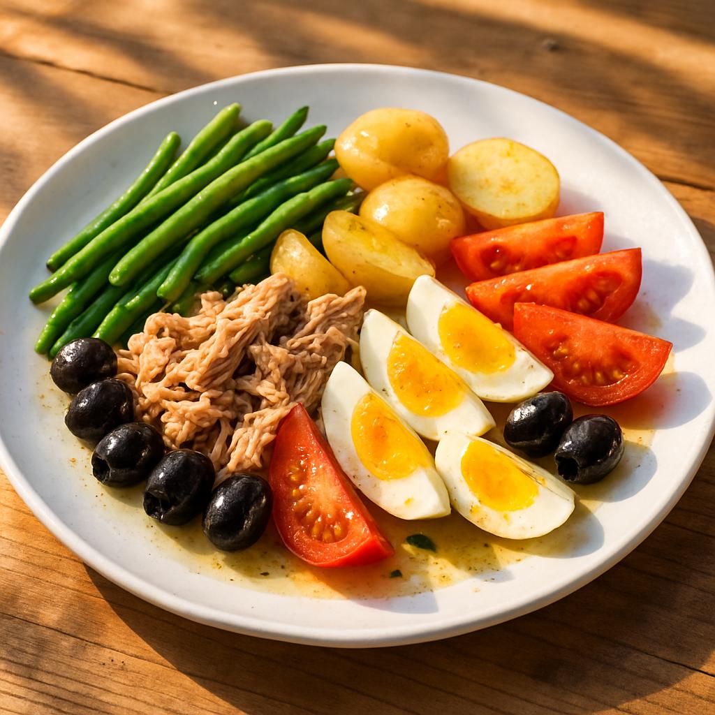 Ein großer weißer Teller mit kunstvoll angerichtetem Nizza-Salat steht auf einem sonnenbeschienenen Holztisch. Die Zutaten sind gruppiert: grüne Bohnen, halbierte kleine Kartoffeln, geviertelte Tomaten, gekochte Eier, zerpflückter Thunfisch und schwarze Oliven. Eine helle Vinaigrette glänzt über dem frischen, sommerlichen Gericht.          ChatGPT fragen
