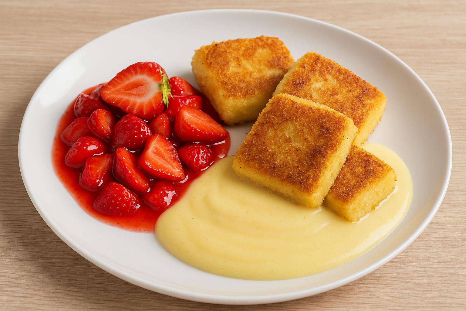 Die Grießschnitten, mit Erdbeeren und Vanillesoße, angerichtet auf einem ovalen Teller.
