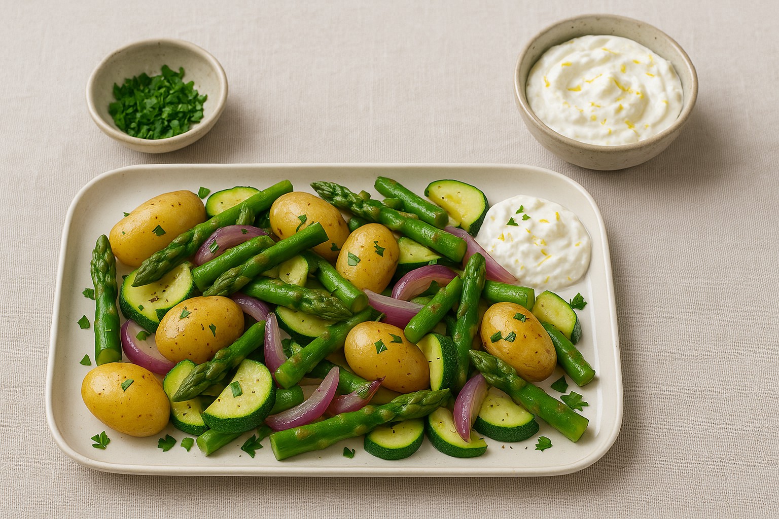 Ein rechteckiger Teller mit Frühkartoffeln, grünem Spargel, Zucchinistücken und roten Zwiebeln steht auf einem hellen Stofftuch. Die Zutaten sind bunt gemischt, frisch gegart und mit Petersilie bestreut. Rechts auf dem Teller befindet sich ein Klecks Zitronenquark. Im Hintergrund stehen zwei kleine Schalen – eine mit gehackter Petersilie, die andere mit Quark und etwas Zitronenabrieb.