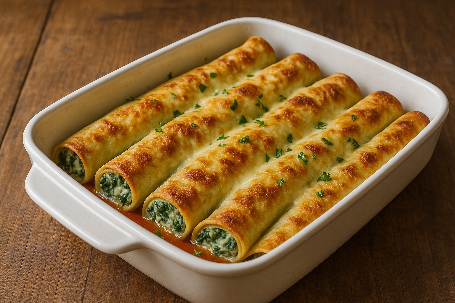 Goldbraun überbackene Pfannkuchen-Rollen mit Spinat-Ricotta-Füllung in einer weißen Auflaufform, garniert mit frischer Petersilie und serviert auf einem rustikalen Holztisch.