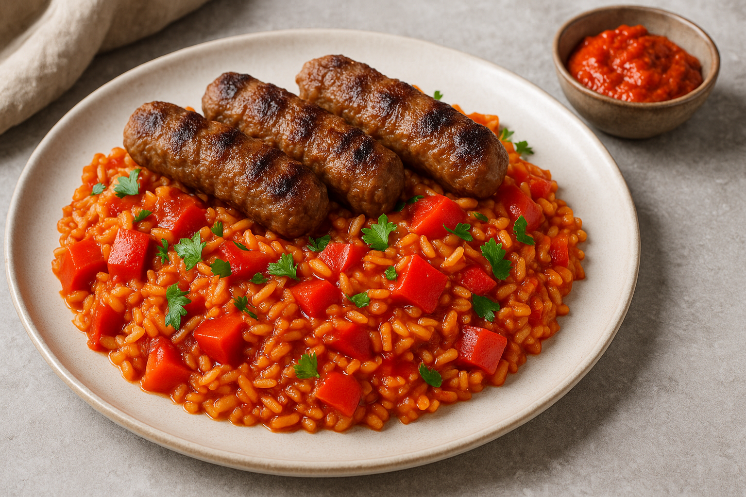 Drei gegrillte Cevapcici auf leuchtend rotem Djuvec-Reis mit Paprikastücken, garniert mit Petersilie, daneben ein Schälchen Ajvar auf grauem Untergrund.