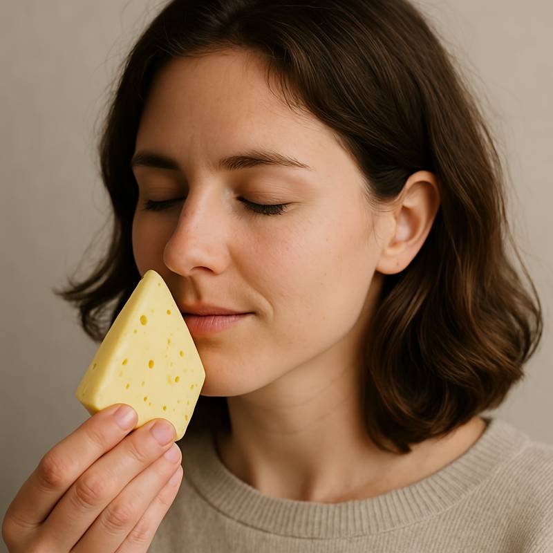 Bild einer dunkelhaarigen Frau, die an einem Stück Käse riecht.