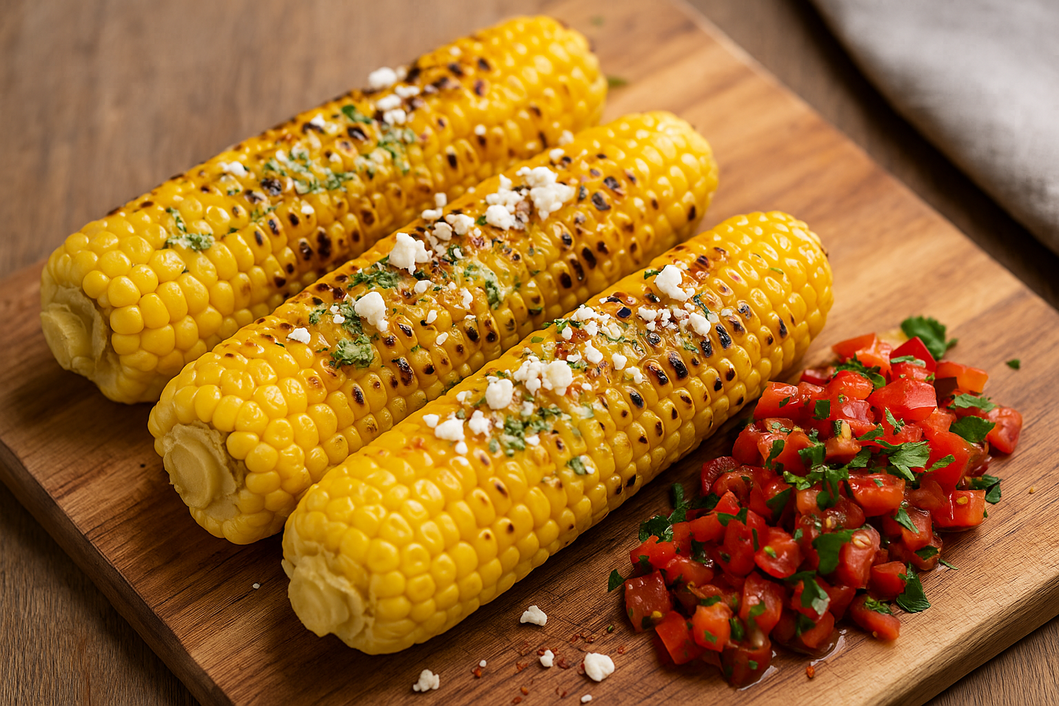 Holzbrett mit drei goldgelb gegrillten Maiskolben, bestrichen mit Kräuter-Limetten-Butter und bestreut mit Feta-Bröseln und etwas Chili; daneben frische Tomaten-Paprika-Salsa; unscharfer Holztisch mit Leinenserviette im Hintergrund.
