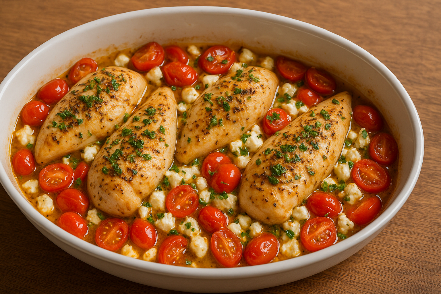 Eine weiße Auflaufform mit dem griechischen Ofenhähnchen. Die marinierten Hähnchenbrustfilets im Vordergrund, Feta und halbierte Kirschtomaten sind zu sehen. das Ganze kommt gold-braun aus dem Ofen