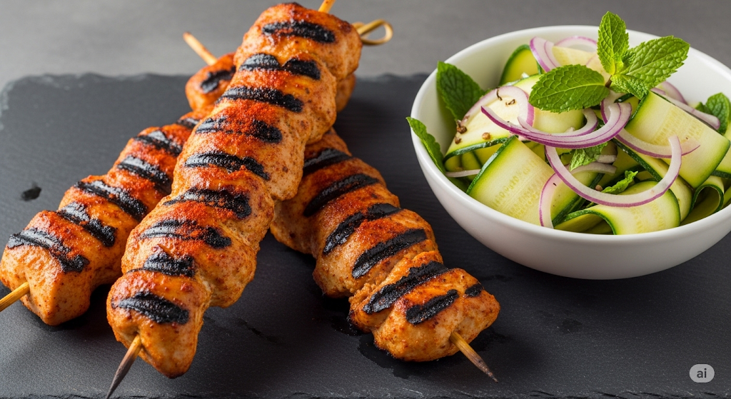 Drei gegrillte Hähnchenspieße mit deutlichen Grillstreifen liegen auf einer dunklen Schieferplatte neben einer weißen Schale mit Zucchinisalat und Minze.