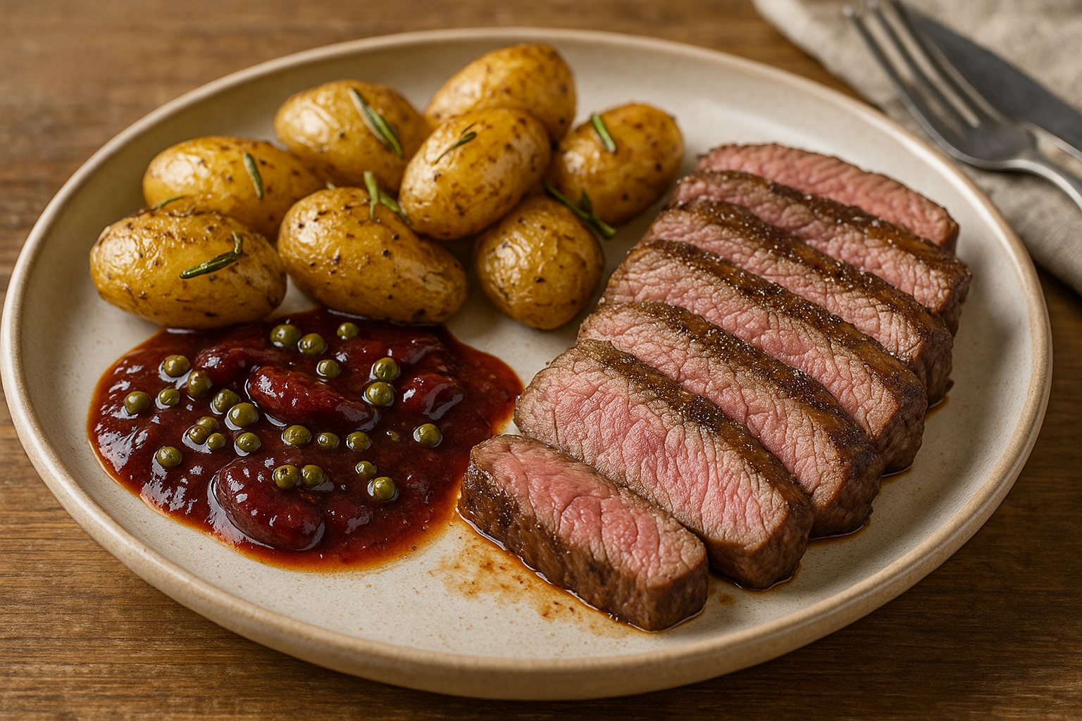 Keramikteller mit in Scheiben aufgeschnittenem, medium gebratenem Rinderhüftsteak; daneben glänzende Zwetschgen-Pfeffersauce mit grünen Pfefferkörnern und goldbraune Rosmarinkartoffeln; rustikaler Holztisch, rechts unscharfes Besteck.
