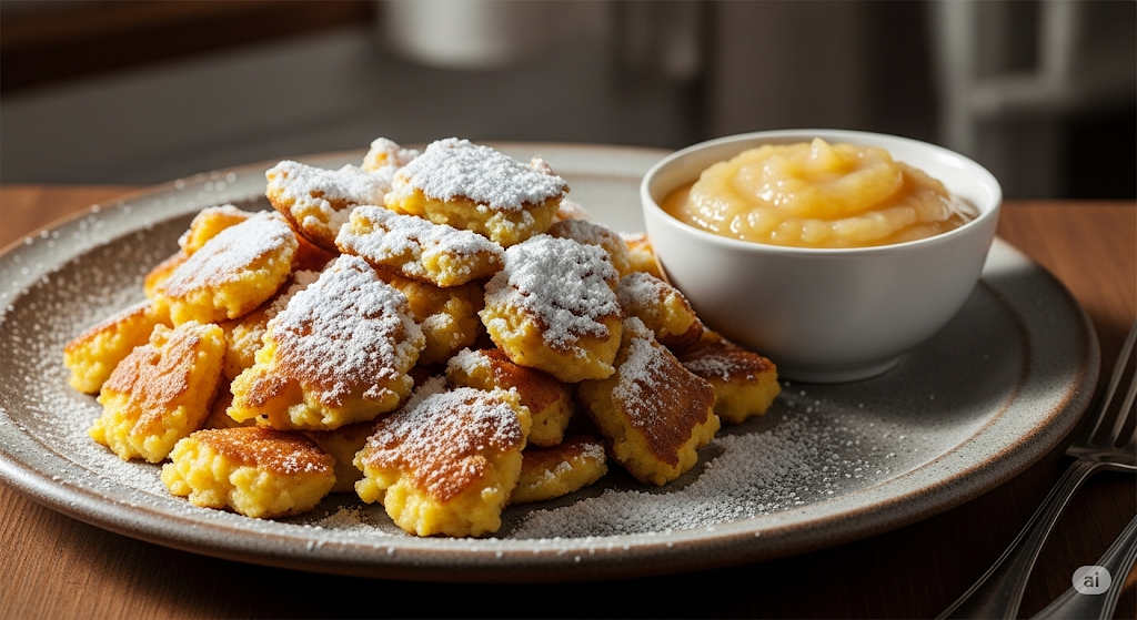 Ein Haufen luftiger Kaiserschmarrn auf einem Teller, dick mit Puderzucker bestäubt, daneben eine kleine Schale mit Apfelmus.