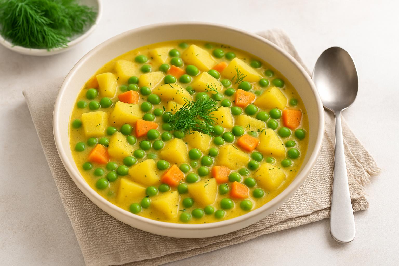 Kartoffel Erbsen Ragout angerichtet und daneben ein Esslöffel