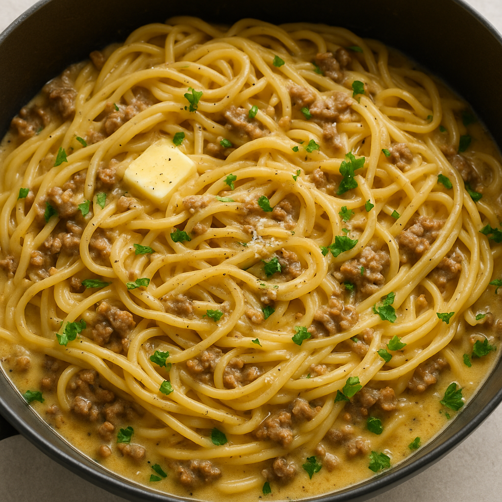 Cremige Spaghetti mit Hackfleisch in Knoblauch-Butter-Sauce, serviert in einem schwarzen Topf. Die Pasta ist mit frischer Petersilie bestreut, einzelne Butterflocken schmelzen in der goldenen Sauce.