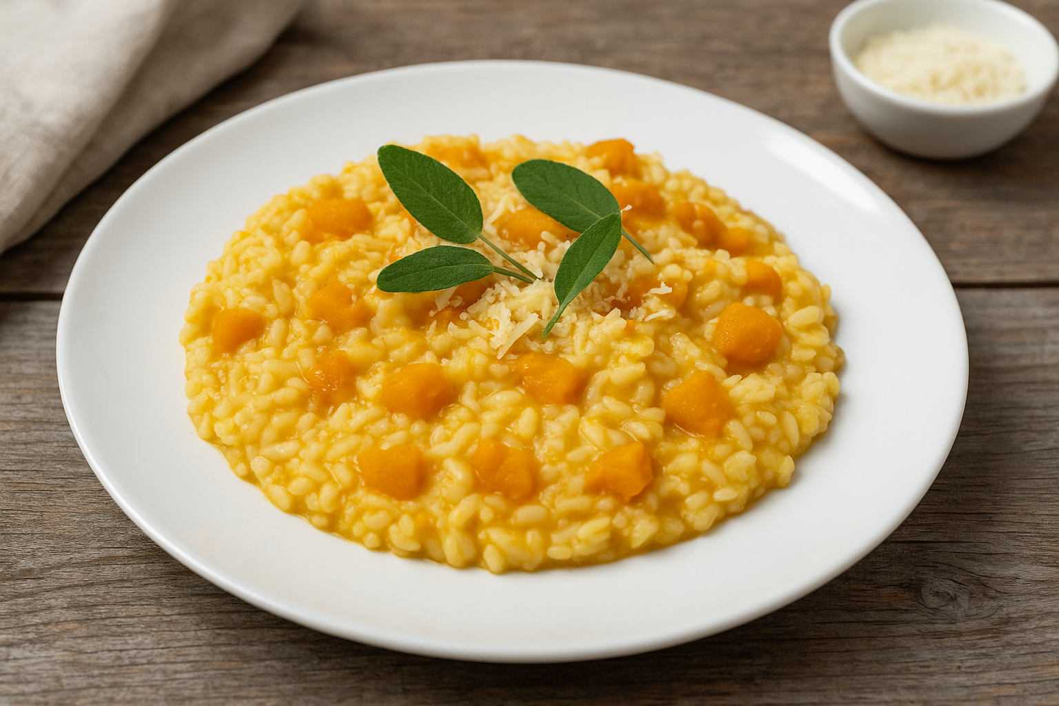 Teller mit cremigem Kürbis-Risotto, garniert mit frisch geriebenem Parmesan und grünen Salbeiblättern, serviert auf einem Holztisch.