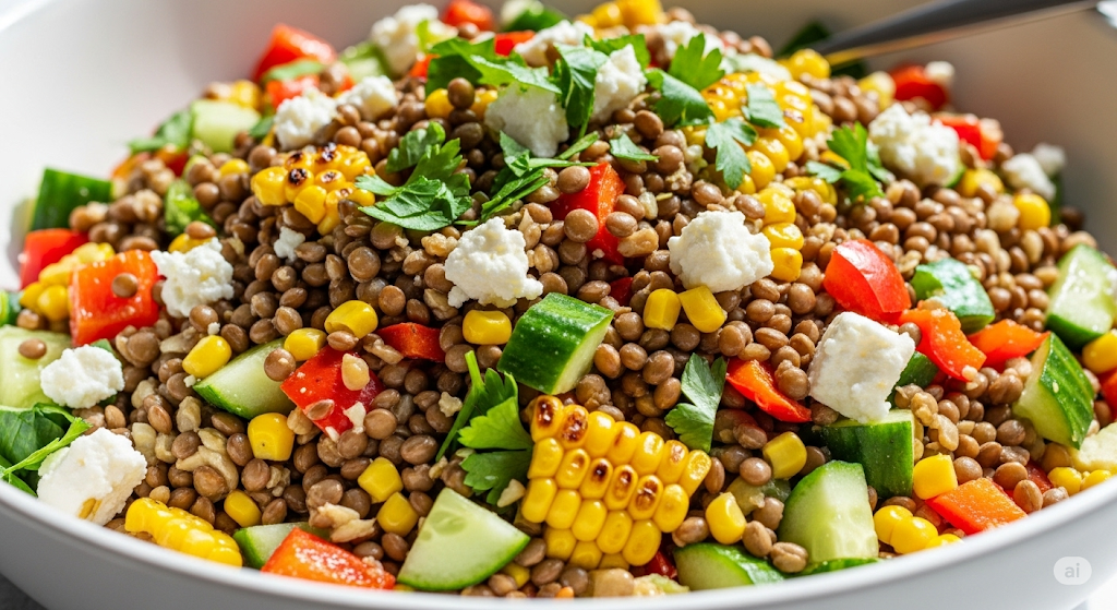 Nahaufnahme eines bunten Linsensalats in einer weißen Schale, mit Mais, Paprika, Gurkenwürfeln, Feta und frischer Petersilie.