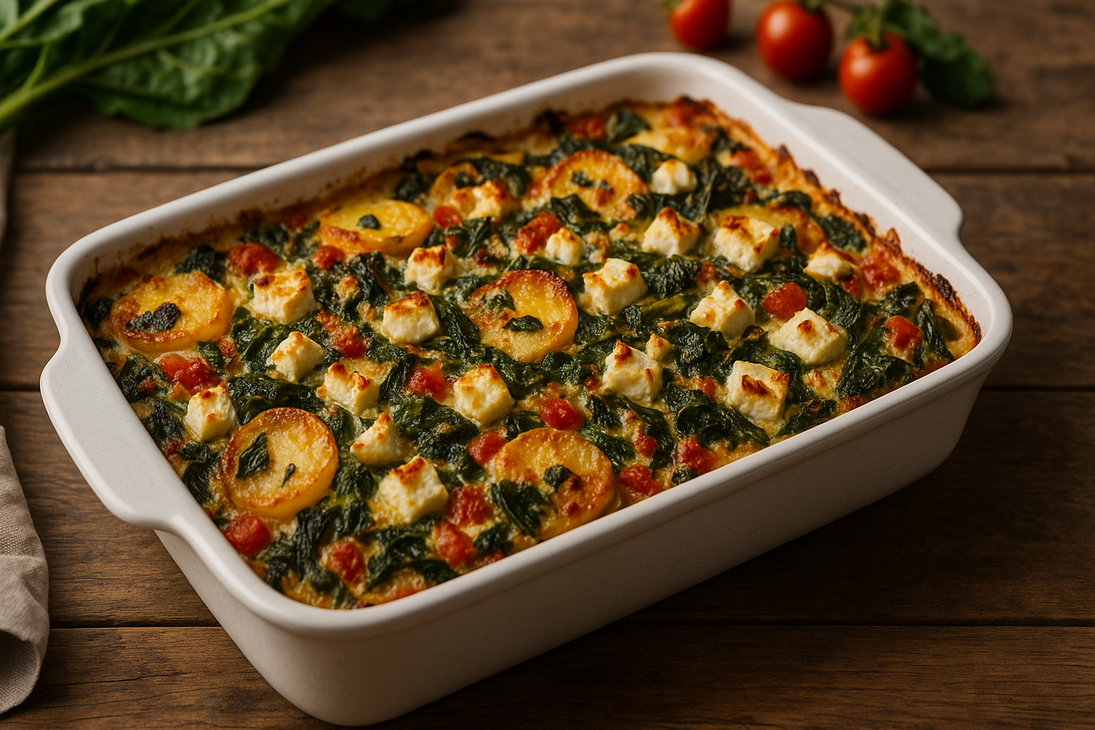 Goldbrauner Mangold-Kartoffel-Auflauf mit Feta in weißer Auflaufform, sichtbare Kartoffelscheiben, grüne Mangoldblätter, Tomatenstücke, auf Holztisch angerichtet.
