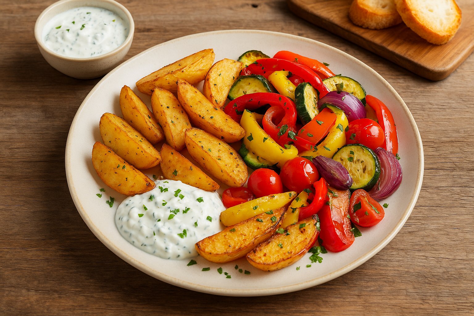 Ein Teller mit goldbraunen Ofenkartoffelspalten, gegrilltem Gemüse aus Zucchini, Paprika, Kirschtomaten und roten Zwiebeln sowie einem Klecks frischem Kräuterquark, angerichtet auf einem Holztisch mit einer kleinen Schale Kräuterquark und Baguettescheiben im Hintergrund.