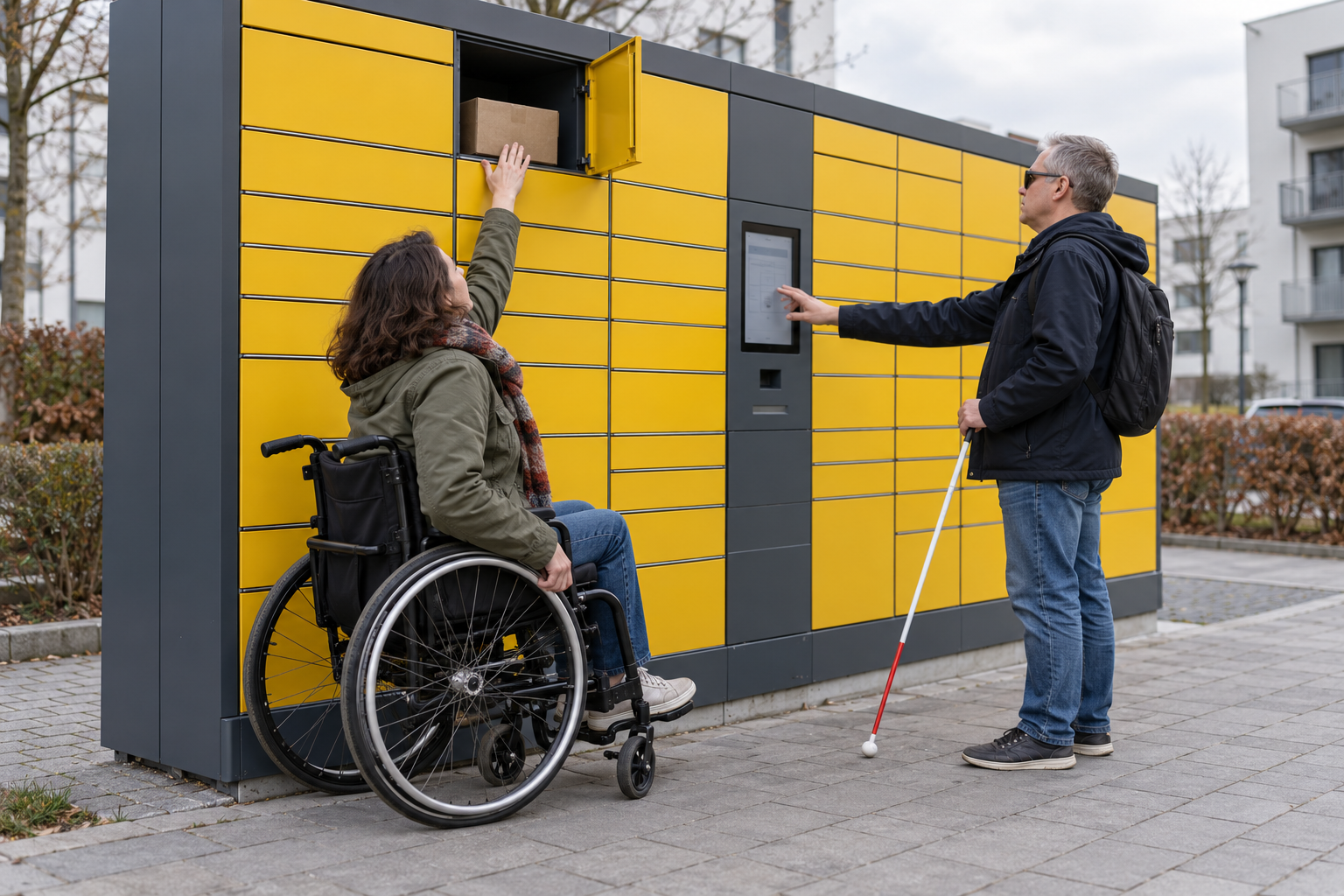 Eine Rollstuhlfahrerin versucht, ein hoch angebrachtes Fach einer Paketstation zu erreichen; ein blinder Mann bedient daneben einen Touchscreen.