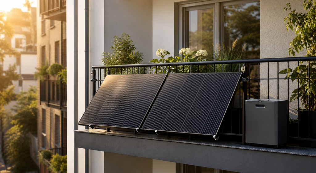Balkon mit zwei Solarmodulen und einem kleinen Speicher im warmen Sonnenlicht