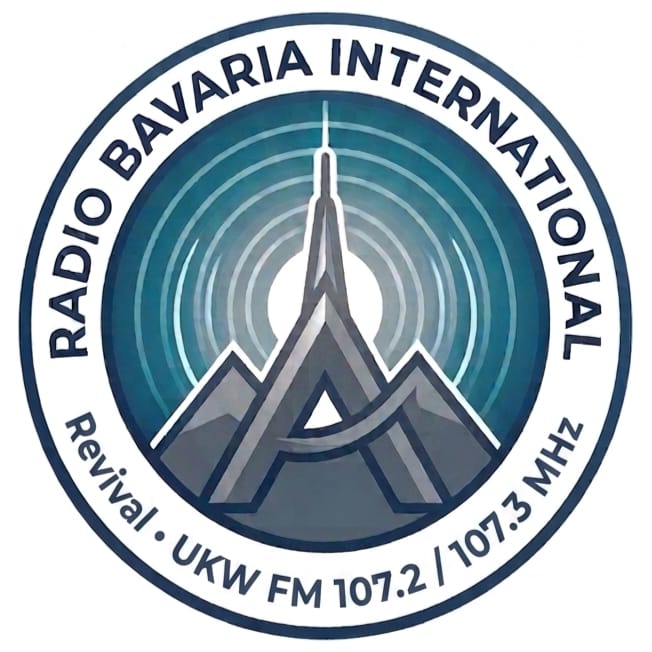 Logo von Radio Bavaria International mit Bergmotiv, Sendemast und den Revival-Frequenzen 107,2 und 107,3 MHz.