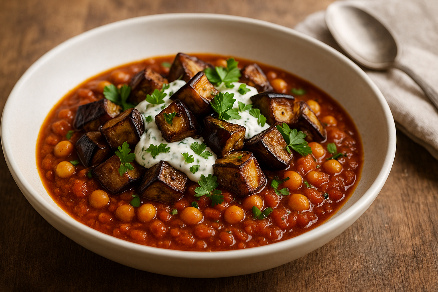 Flache weiße Schale mit Tomaten-Kichererbsen-Sugo, darauf dunkel geröstete Auberginenwürfel; in der Mitte ein Klecks Kräuterjoghurt, bestreut mit Petersilienblättern; im Hintergrund Holztisch, rechts Löffel und Stoffserviette.