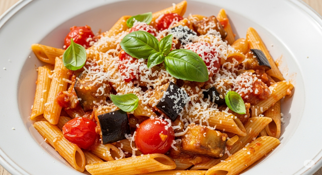 Ein Teller Penne-Nudeln in einer roten Tomaten-Auberginen-Sauce, bestreut mit geriebenem Parmesan und garniert mit frischen Basilikumblättern.
