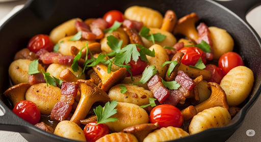 Nahaufnahme einer dunklen, gusseisernen Pfanne gefüllt mit goldbraunen Gnocchi, Pfifferlingen, knusprigen Speckwürfeln und roten Kirschtomaten, garniert mit frischer Petersilie. Diedorf-Biburg, Deutschland • Standort aktualisieren