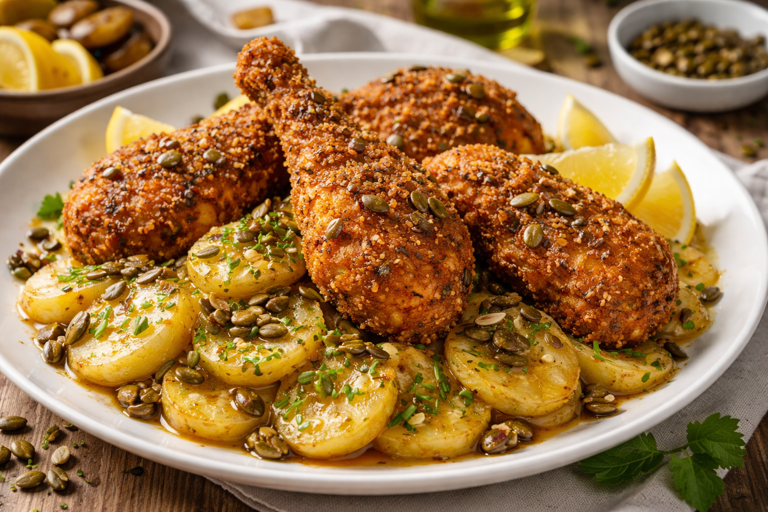 Goldbraun ausgebackene Backhendlstücke mit knuspriger Panade aus Semmelbröseln und gehackten Kürbiskernen liegen auf einem Teller mit lauwarmem Kartoffelsalat aus in Scheiben geschnittenen Kartoffeln. Der Salat glänzt leicht von Kürbiskernöl und ist mit gehackten Kürbiskernen und etwas frischen Kräutern bestreut. Daneben liegen Zitronenspalten, im Hintergrund stehen kleine Schalen mit Kürbiskernen und Öl auf einem rustikalen Holztisch im warmen Tageslicht.
