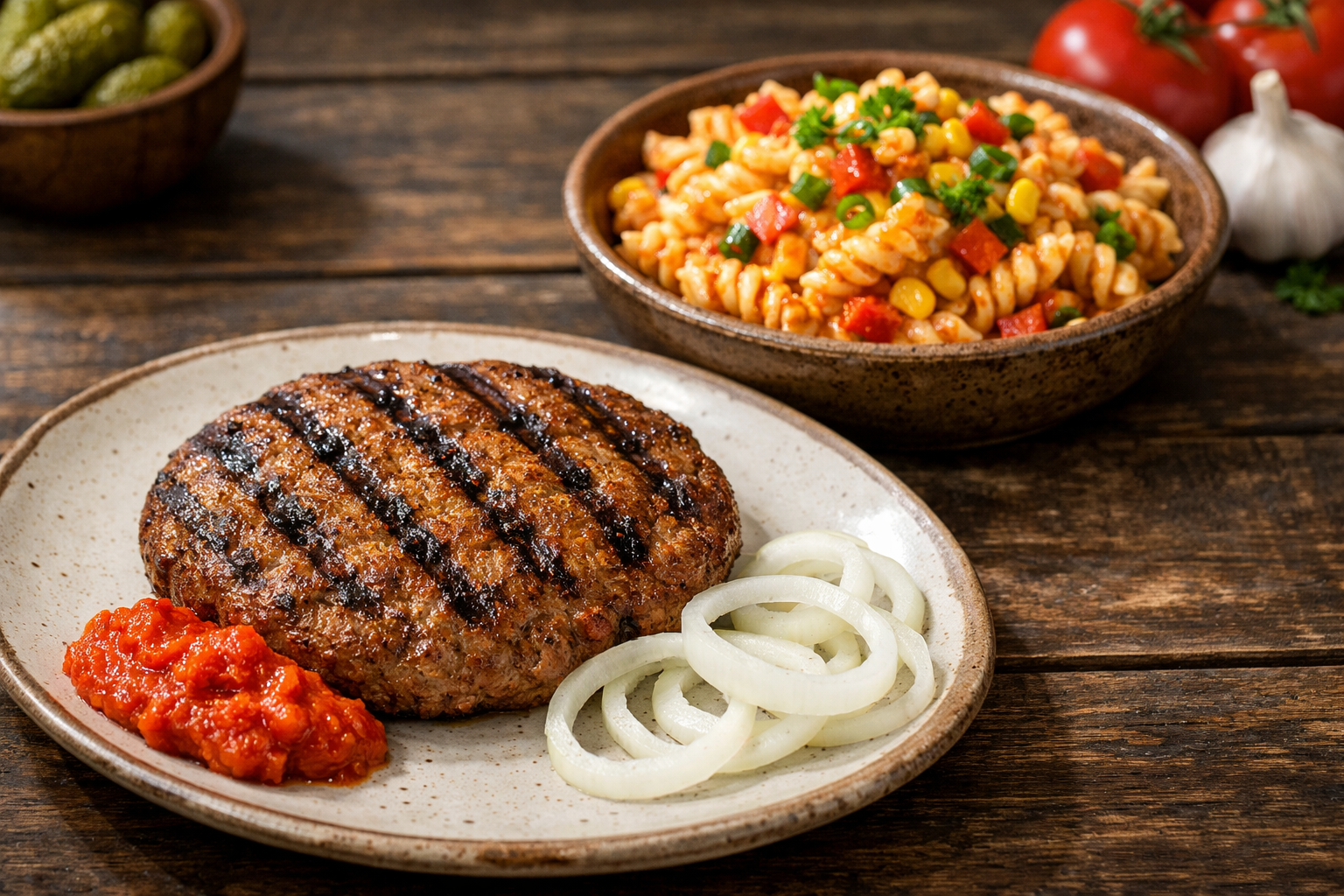 Balkan-Menü mit goldbraun gegrillter Pljeskavica, Ajvar und Zwiebelringen auf einem Keramikteller, daneben eine Schüssel cremiger Nudelsalat mit roten Paprikawürfeln, Maiskörnern und Frühlingszwiebeln in Ajvar-Dressing auf einem dunklen Holztisch.