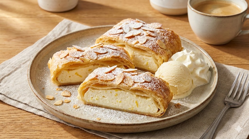 Ein aufgeschnittener Blätterteig-Quark-Strudel mit Puderzucker überstreut, auf einem Teller angerichtet.