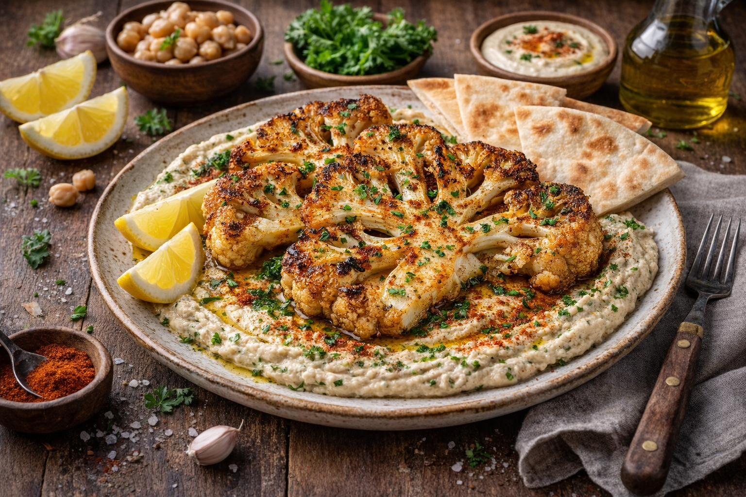 Goldbraun geröstete Blumenkohlsteaks liegen auf einem cremig gestrichenen Kräuter-Hummus auf einem großen Teller. Darüber sind gehackte Petersilie und etwas geräuchertes Paprikapulver gestreut, ein feiner Schuss Olivenöl glänzt auf der Oberfläche. Daneben liegen aufgefächerte Stücke von warmem Pitabrot und einige Zitronenspalten. Im Hintergrund stehen kleine Schalen mit Kichererbsen, Hummus und frischer Petersilie auf einem rustikalen Holztisch. Natürliches Seitenlicht lässt die knusprigen Röststellen des Blumenkohls und die cremige Struktur des Hummus gut erkennen.