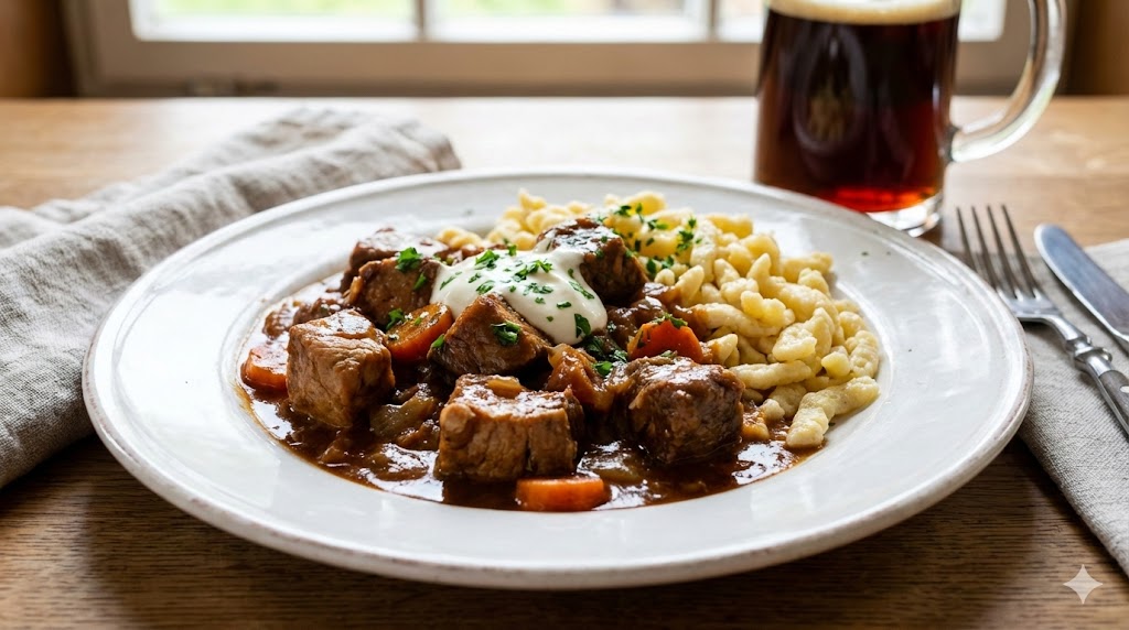 Herzhaftes Schweinegulasch in kräftiger dunkler Sauce mit Karottenstücken, angerichtet auf einem hellen Teller neben Spätzle, verfeinert mit einem Klecks
