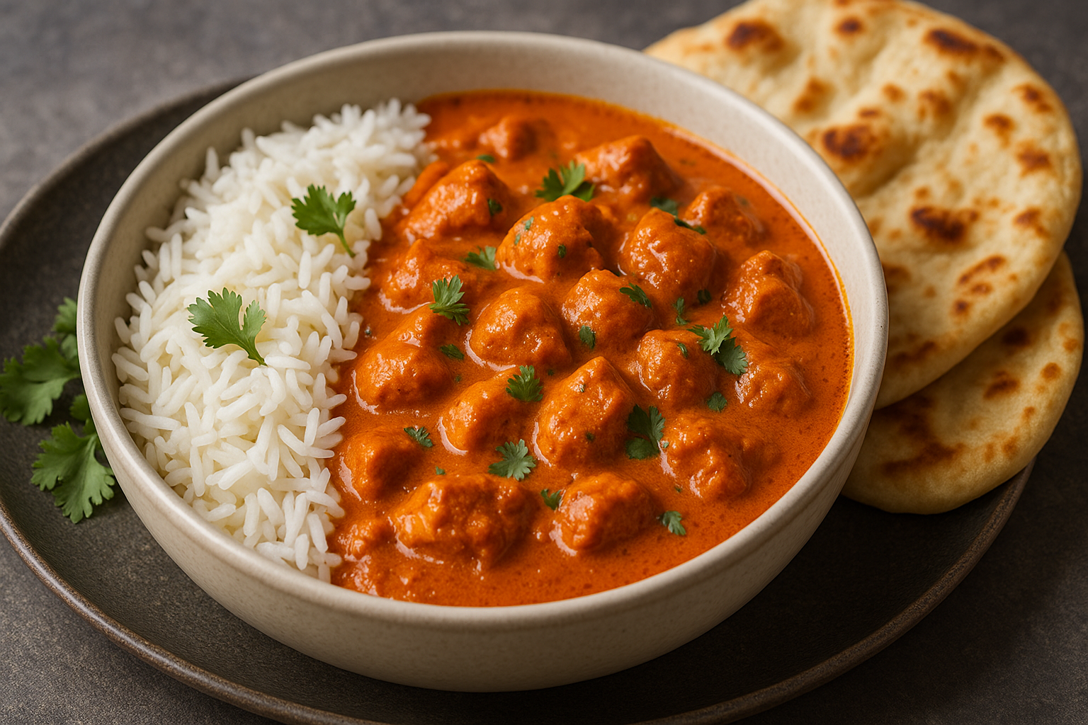 Auf dem Bild sieht man das angerichtete Butter-Chicken mit reis und etwas Naan-Brot.