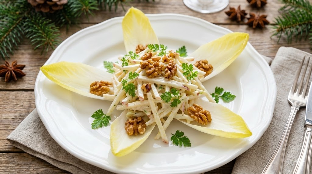 Draufsicht auf einen Teller mit Chicorée-Selleriesalat. Die hellgelben Chicorée-Blätter sind kreisförmig wie eine Blume angeordnet. In der Mitte liegt ein cremiger Salat aus feinen Sellerie- und Apfelstreifen. Das Gericht ist mit grob gehackten, gerösteten Walnüssen und grünen Kräutern garniert.