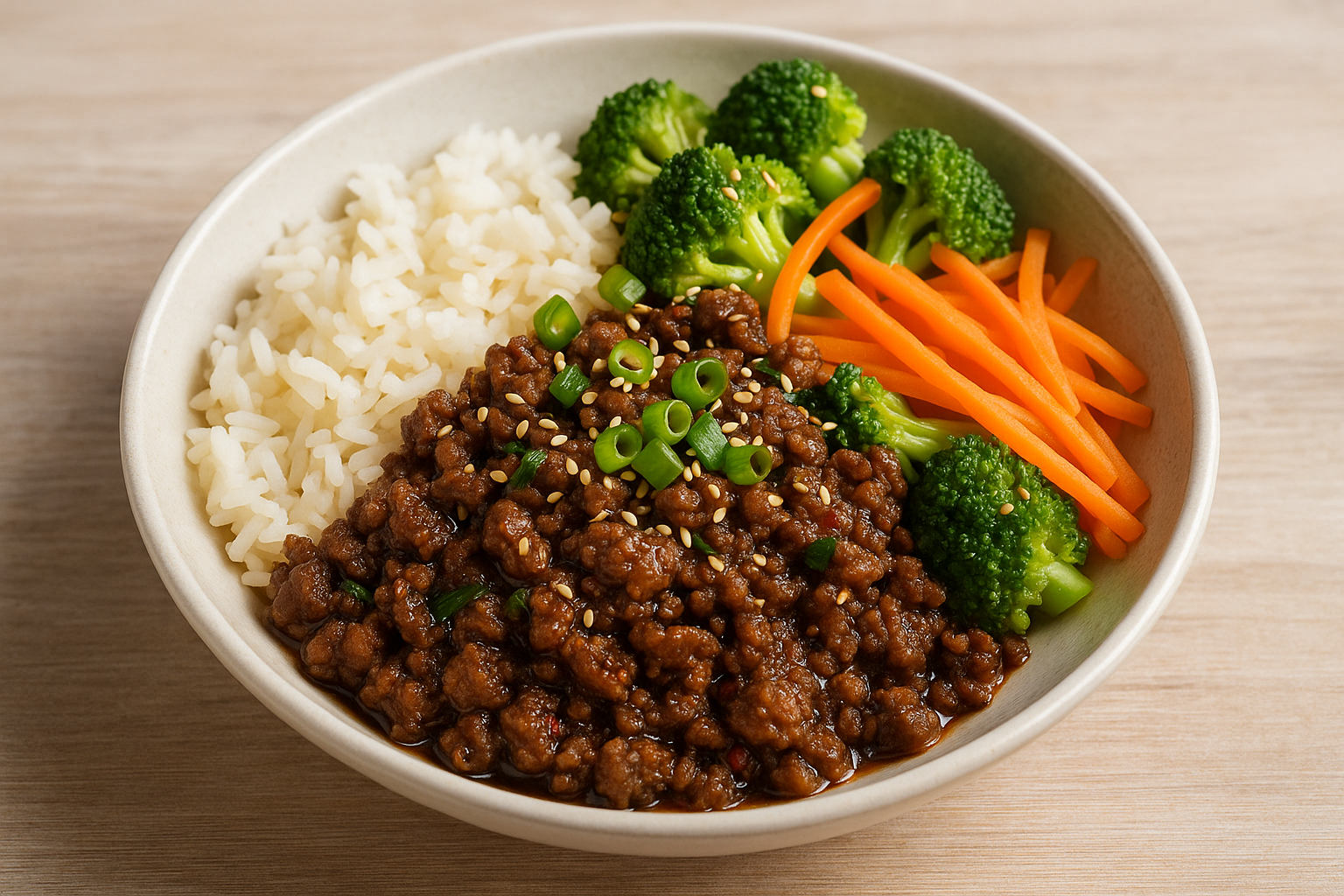 Koreanische Hackfleisch-Bowl mit Jasminreis, Brokkoli und Karottenstreifen in einer Schale, oben Frühlingszwiebeln und Sesamsamen, auf hellem Holztisch angerichtet.