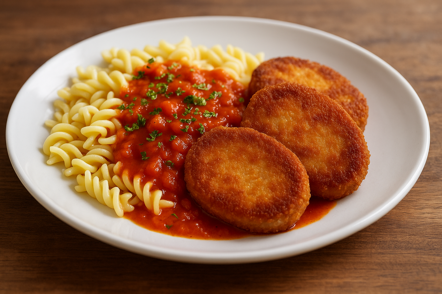 Goldbraun panierte Jagdwurstscheiben mit Tomatensoße und Spiralnudeln auf weißem Teller, bestreut mit etwas Petersilie auf Holztisch.