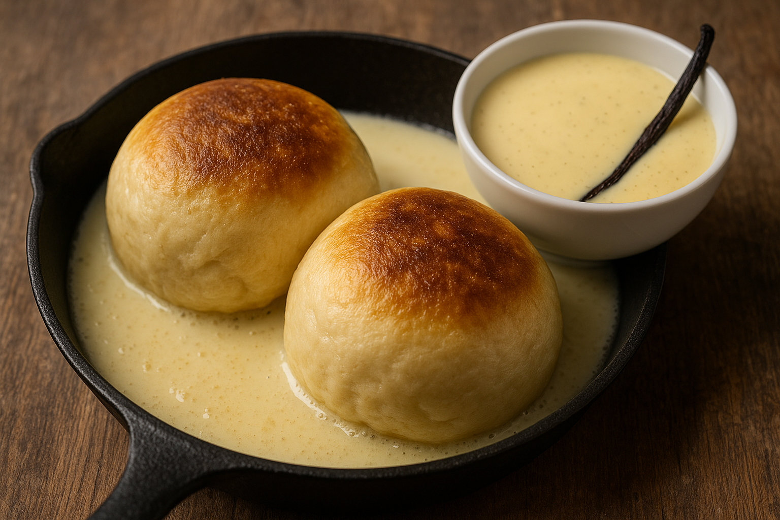2 goldbraune Dampfnudeln in Vanillesoße in einer gusseisernen Pfanne, daneben eine Schale Vanillesoße mit Vanilleschote.