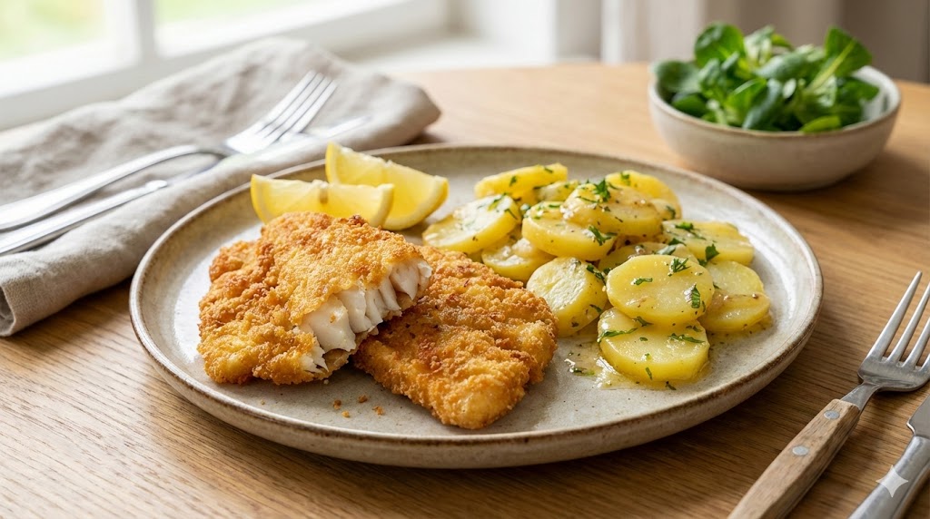 Goldbraun panierte Dorschfilets neben einem klassischen Kartoffelsalat mit Kräutern und zwei Zitronenspalten auf einem hellen Teller, angerichtet auf einem rustikalen Holztisch.
