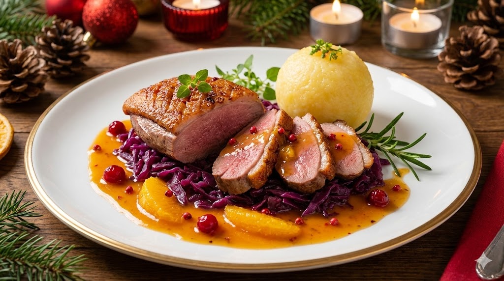 Festlich angerichteter Teller mit aufgeschnittener, rosa gebratener Entenbrust. Die knusprige Haut glänzt. Darüber ist eine Orangensauce mit sichtbaren Orangenfilets und rosa Pfefferbeeren verteilt. Als Beilage sind Rotkohl und ein Kartoffelkloß zu sehen.