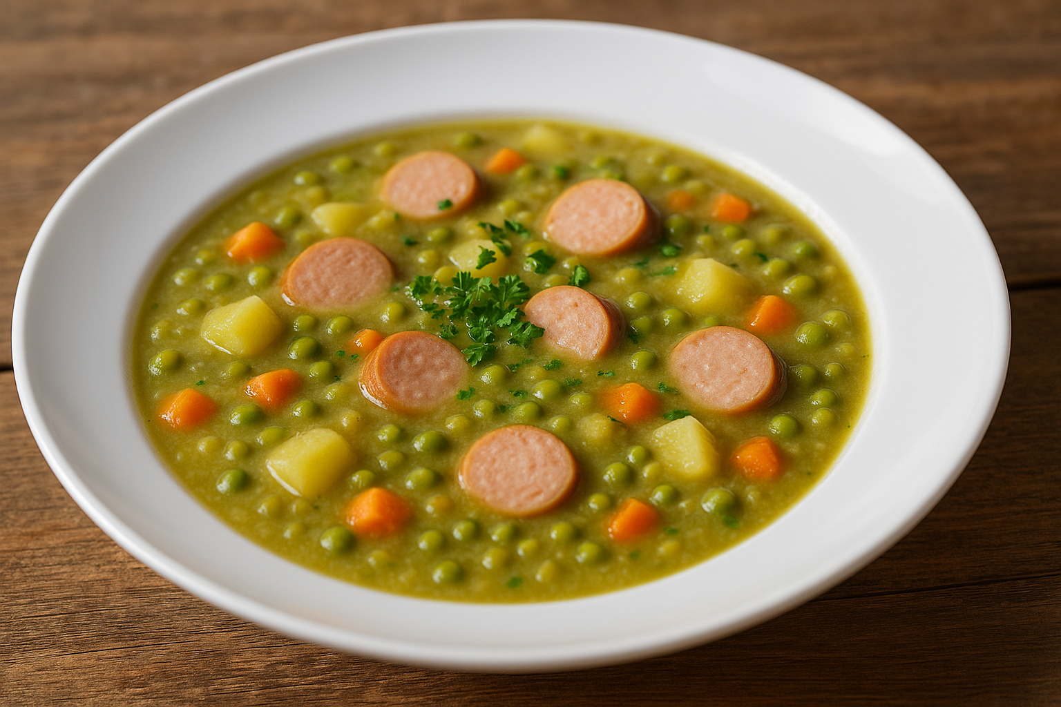 Kräftige Erbsensuppe in einem tiefen weißen Teller, mit grünen Erbsen, Kartoffel- und Karottenwürfeln, Würstchenscheiben und Petersilie auf rustikalem Holztisch.
