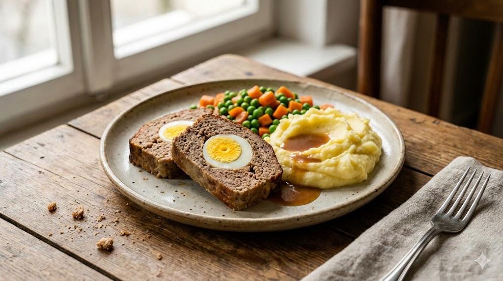 Auf einem hellen Teller liegen zwei Scheiben Hackbraten, in jeder Scheibe ist mittig ein rundes hartgekochtes Ei zu sehen. Daneben liegt eine Portion Kartoffelbrei und etwas grünes und orangefarbenes Gemüse. Etwas braune Soße glänzt auf dem Fleisch, der Teller steht auf einem Holztisch, der Hintergrund ist weich unscharf.