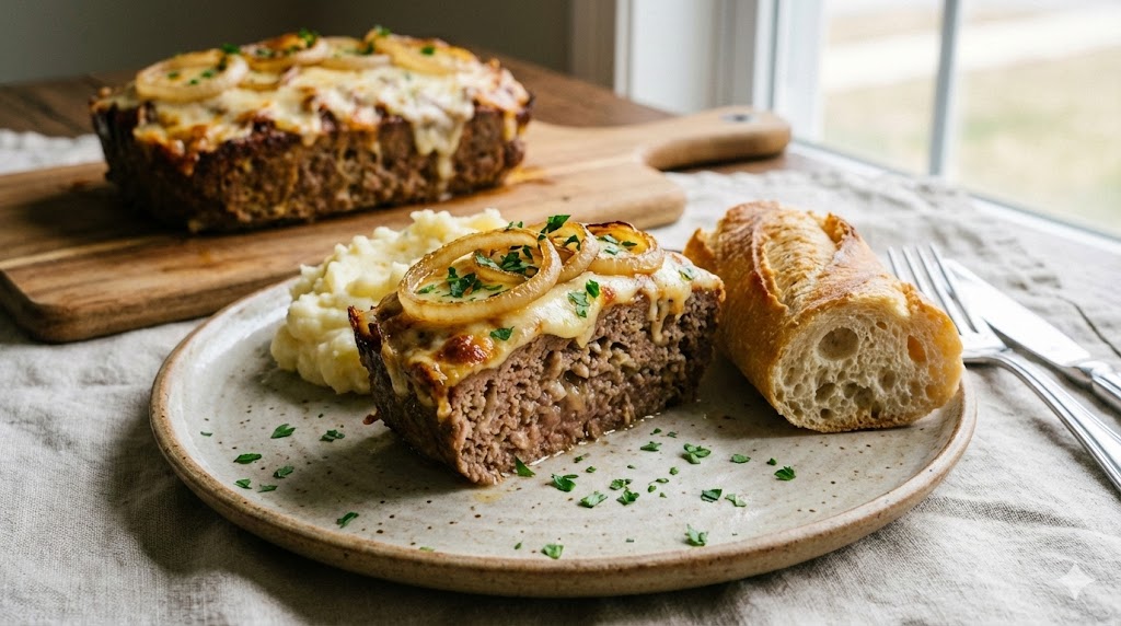 Nahaufnahme eines Tellers mit einer saftigen Scheibe französischem Zwiebelhackbraten. Der Braten ist mit einer Schicht geschmolzenem, goldbraunem Käse und karamellisierten Zwiebelringen überbacken und mit frischer Petersilie bestreut. Als Beilagen liegen cremiger Kartoffelstampf und ein knuspriges Stück Baguette daneben. Im Hintergrund ist der restliche Hackbraten auf einem Holzbrett zu sehen.