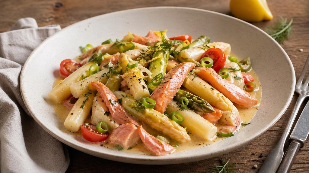 Heller Teller mit weißem und grünem Spargel, gebratenem Wildlachs, halbierten Kirschtomaten und Frühlingszwiebelringen in cremiger heller Soße.