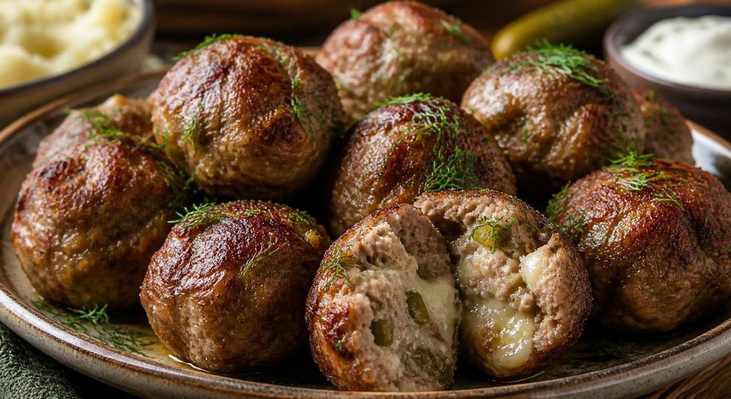 Gefüllte Fleischbällchen mit Käsefüllung und Dillgurken auf einem Teller, im Hintergrund Kartoffelpüree, Gewürzgurke und Dip