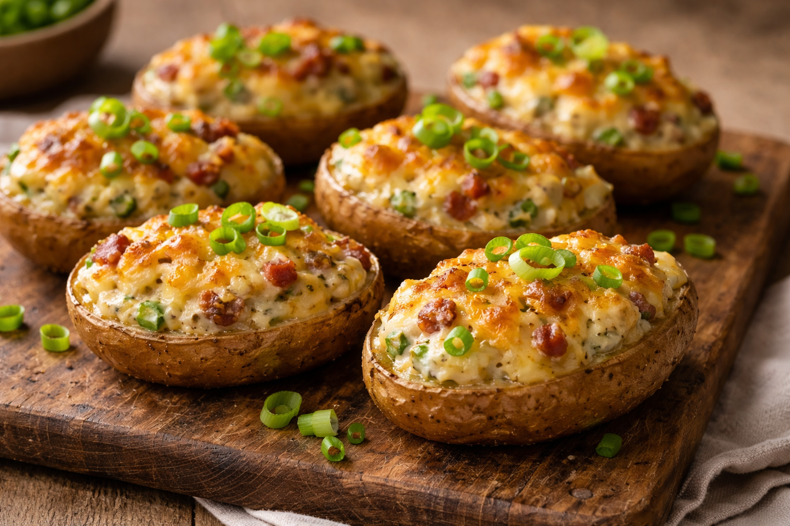 Mehrere gefüllte Ofenkartoffelhälften auf einem Holzbrett, belegt mit cremiger Speck-Frühlingszwiebel-Masse und goldbraun überbackener Käsekruste, dekoriert mit frischen Frühlingszwiebelringen.e/Gefuellte-Ofenkartoffeln.png