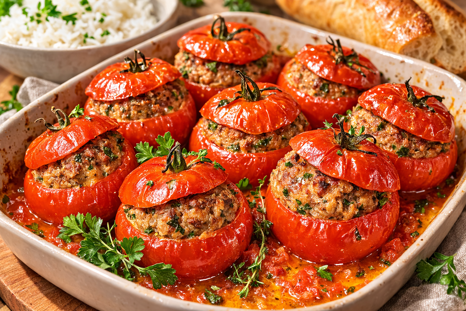 gefüllte Tomaten in einer ovalen Auflaufform aus Keramik. Acht Fleischtomaten mit kuppelförmiger Hackfleischfüllung, darauf schräg gesetzte Tomatendeckel. Die Tomaten sind leicht eingesunken und am Rand karamellisiert. Auf dem Boden der Form glänzender Bratensaft. Natürliches Tageslicht von links, leichte Tiefenschärfe auf die vorderen Tomaten. Rustikaler Holztisch mit einem hellblauen Leinentuch.