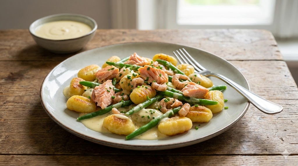 Angerichtete Gnocchi-Pfanne auf einem Teller, bestehend aus goldbraunen Gnocchi, Stücken von Lachs, kleinen Shrimps und grünen Bohnen, überzogen mit einer hellen cremigen Sauce und bestreut mit Schnittlauch.