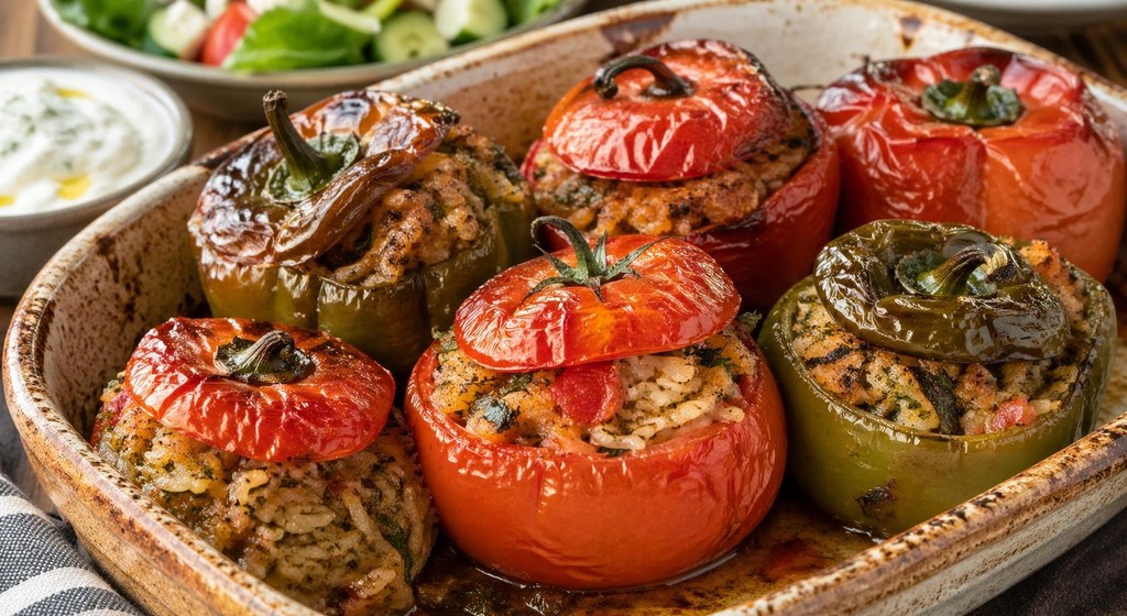 Überbackene gefüllte Tomaten und Paprika mit Reis-Kräuter-Füllung in einer Auflaufform, dazu Salat und Joghurt-Dip im Hintergrund.