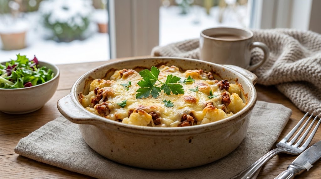 Goldbraun überbackener Blumenkohl-Hack-Auflauf in einer Keramikform mit geschmolzenem Käse und frischen Kräutern auf einem Holztisch.