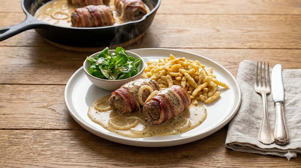 Zwei mit Speck umwickelte Hackrouladen in cremiger Zwiebel-Senf-Sauce, angerichtet auf einem Teller mit goldenen Spätzle und einer kleinen Schale Feldsalat auf einem rustikalen Holztisch.