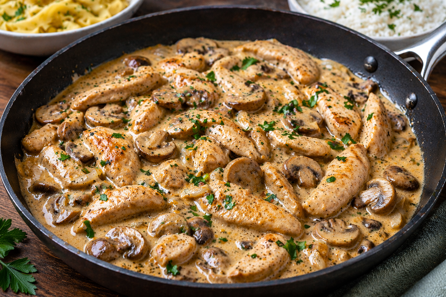 Große Pfanne mit Hähnchenstreifen und halbierten Champignons in cremiger heller Soße, mit gehackten Kräutern bestreut; im Hintergrund stehen unscharf zwei Schalen mit Nudeln und Reis.