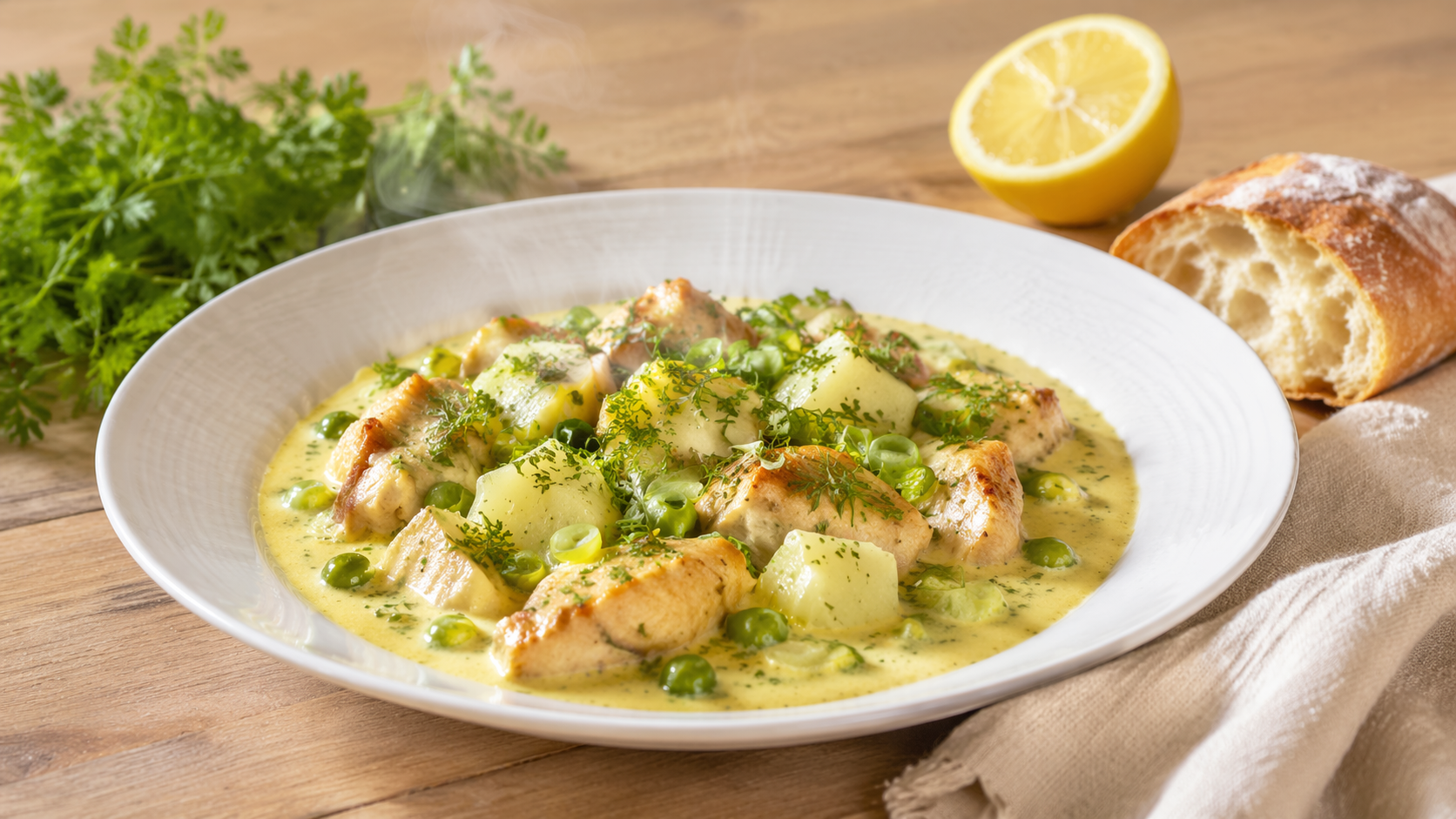 Cremiges Hähnchen-Ragout mit hellgrünen Kohlrabiwürfeln und jungen grünen Erbsen in heller Zitronen-Kräutersahne, angerichtet in einem flachen weißen Keramikteller. Darüber fein gehackter Kerbel und grüne Frühlingszwiebelröllchen. Daneben ein Stück aufgerissenes Baguette und eine halbierte Zitrone auf einem hellen Eichenholztisch mit naturfarbener Leinenserviette.