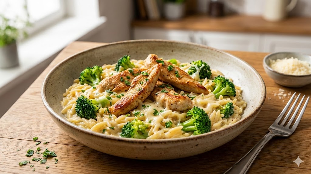 Cremige Orzo-Pasta mit hellgrünen Brokkoliröschen und goldbraun gebratenen Hähnchenstreifen in einer hellen Sahnesauce, serviert in einer rustikalen Schale auf einem Holztisch und garniert mit frischer Petersilie.